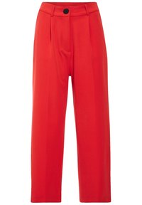 Pantalons rouges sur mesure avec une taille haute, une fermeture à un seul bouton, et deux plis avant, présentant une coupe droite et une texture lisse.