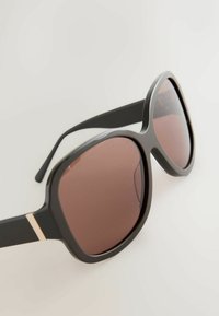 Lunettes de soleil noires oversize avec des verres teintés brun foncé et un subtil accent doré sur la branche, sur un fond clair uni.