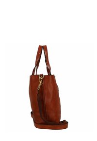 Borsa a tracolla in pelle marrone con due manici, una tracolla e una finitura texturizzata. Presenta un accento in metallo dorato e un design semplice.