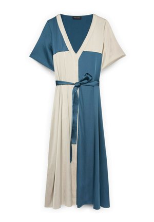 Midi-jurk in blauw en beige met korte mouwen, V-hals en een tailleceintuur van satijnstof.