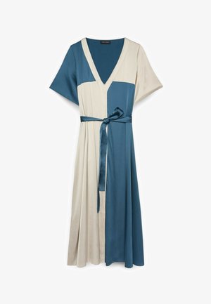 Midi-Kleid in Blau und Beige mit kurzen Ärmeln, V-Ausschnitt und gebundenem Taillengürtel aus Satin.