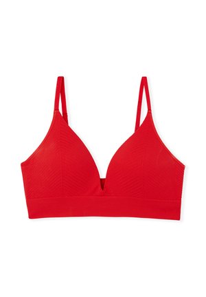 Czerwony bezprzewodowy biustonosz z miękkiej, teksturowanej tkaniny. Posiada trójkątny kształt, regulowane ramiączka oraz szeroką opaskę dla dodatkowego wsparcia.