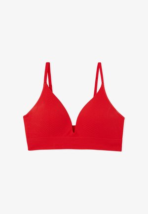 Soutien-gorge sans fil rouge avec un tissu doux et texturé. Présente une forme triangulaire, des bretelles réglables et une large bande pour un bon maintien.