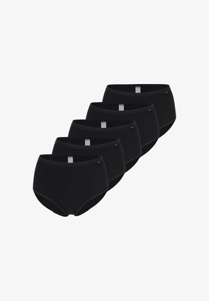 Fem sorte, højtaljede trusser arrangeret i en diagonal linje på en hvid baggrund.