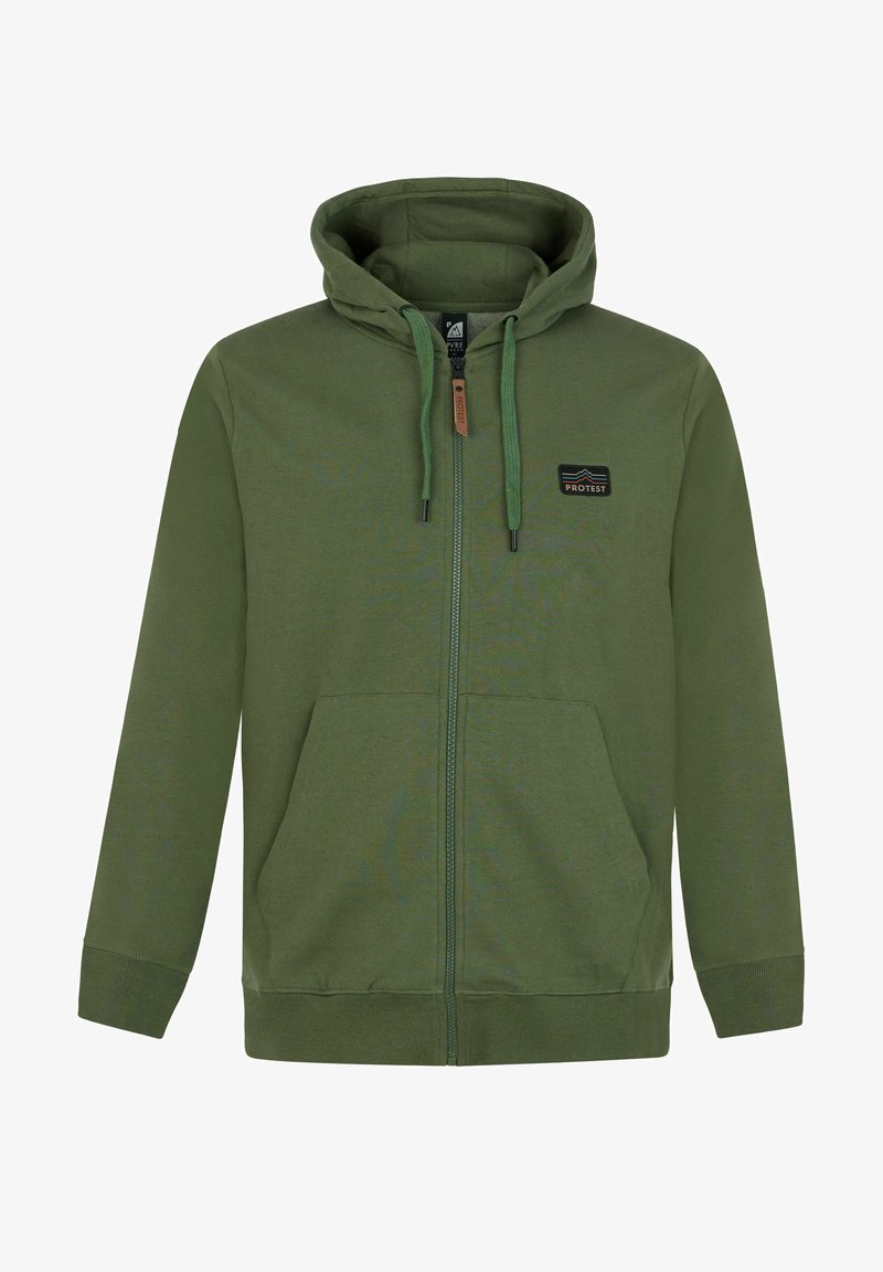 Sudadera con cremallera en verde oliva hecha de tela suave, con un bolsillo canguro y capucha con cordón. Incluye un parche de marca en el pecho.