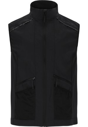 Sort ærmeløs vest med lynlåse front, to sidelommer og et let stof med en glat tekstur.