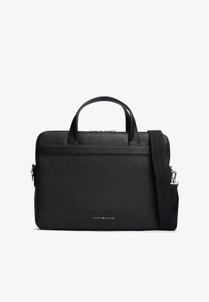 Schwarze, strukturierte Leder-Aktentasche mit zwei Griffen und verstellbarem Schulterriemen, mit kleinem Tommy Hilfiger-Logo auf der Vorderseite.