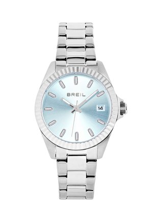 Sølvfarvet rustfrit stål ur med en lyseblå gradient urskive, rektangulære time markører, datovisning og en struktureret bezel.