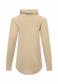 Beige lange mouw top met een hoge kraag, textuur ribstof, ronde zoom en aansluitende mouwen. Glad oppervlak, geen zichtbare patronen of logo's.