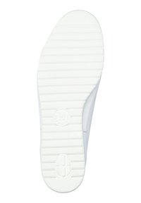 Semelle en caoutchouc blanc avec grip texturé et rainures verticales, ornée d'un logo rond et d'une section lisse près du talon.