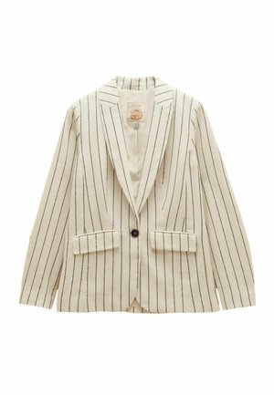 Cremefarbener Blazer mit dünnen vertikalen schwarzen Streifen, einreihiger schwarzer Knopfverschluss, aufgeschlagene Revers und zwei vordere Klappentaschen.