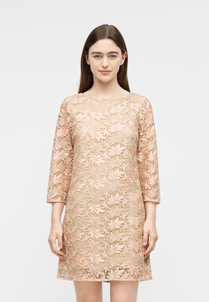 Mladá žena s dlhými hnedými vlasmi, oblečená v ružových kvetinových čipkovaných šatách s tromi štvrtinovými rukávmi, stojaca na jednoduchom svetlom pozadí.