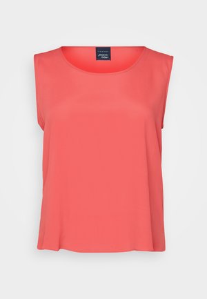 Coral sleeveless top with a round neckline, made of lightweight fabric. Smooth texture, loose fit, and a simple design.