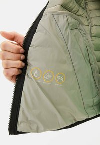 Lightweight, water-repellent jacket interior with a smooth, gray texture. Features icons for windproof and down-free properties.