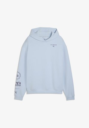 Light blue hoodie with "HYROX" and Puma logos on chest and sleeve, featuring a front pocket and a drawstring hood.
