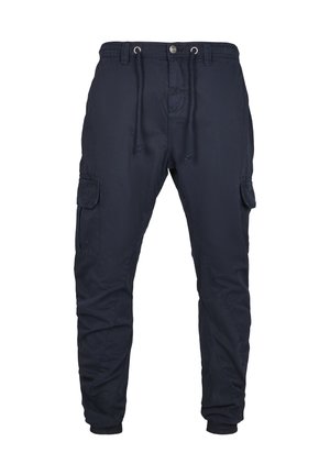 Pantaloni cargo jogger bleumarin cu manșete elastice, buzunare laterale cu clapetă, nasture frontal, închidere cu fermoar și talie ajustabilă cu șnur.