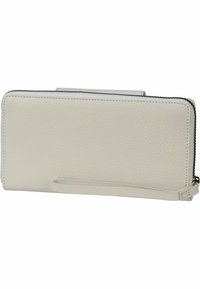 Portefeuille en cuir blanc avec une surface texturée, fermeture zippée et forme rectangulaire mince. Dispose d'une bandoulière pour un transport facile.