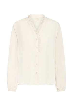 Blouse crème à manches longues avec des boutons sur le devant et un col en V froncé, des poignets élastiques et une coupe décontractée.