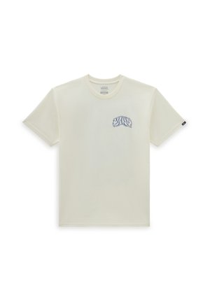 T-shirt color crema con maniche corte, caratterizzato da una grafica del marchio blu nella zona sinistra del petto e un collo girocollo standard.