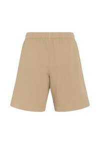 Shorts beiges à taille élastique avec une coupe droite et un design simple et épuré vus de dos.