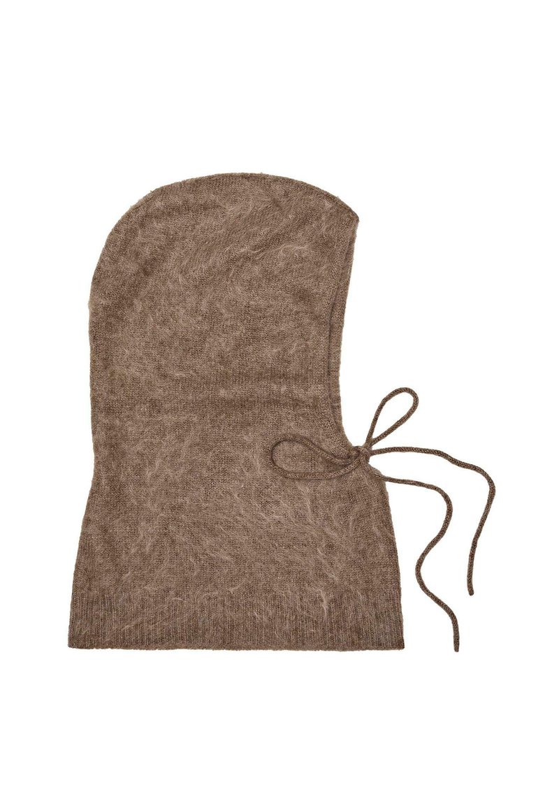 Brown knitted balaclava with a rounded hood shape and side tie closure on a white background.