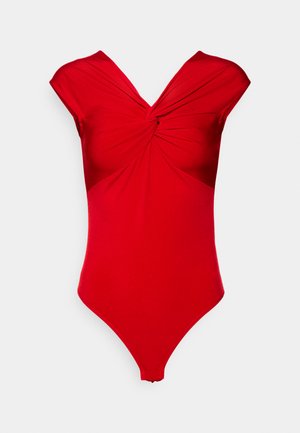 Červený body s výstrihom do V, s krátkymi rukávmi a krúteným detailom vpredu, vyrobený z hladkej, elastickej látky.