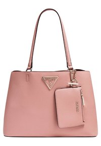 Rosa handväska i pebblat konstläder med dubbla handtag, märkeslogo i form av en triangel och bifogad zip-försedd påse. Silverdetaljer.