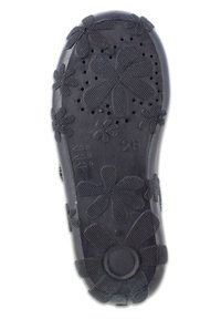 Zwarte rubberen schoenzool met bloemmotieven, gestructureerde grip, perforaties voor ademend vermogen en een reliëfmaat aangegeven.