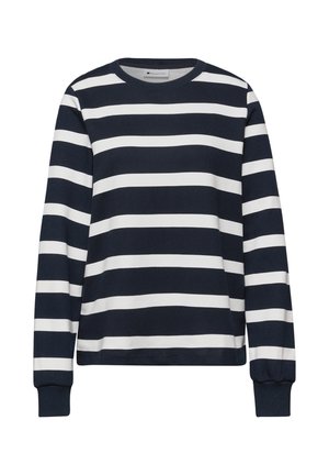 Pull à manches longues avec encolure ronde, larges rayures horizontales noires et blanches, et poignets côtelés.