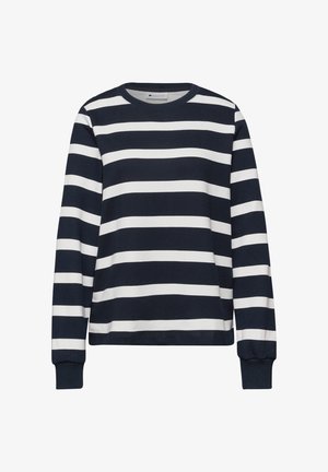 Maglione a maniche lunghe con scollo tondo, caratterizzato da ampie strisce orizzontali bianche e nere e polsini a coste.