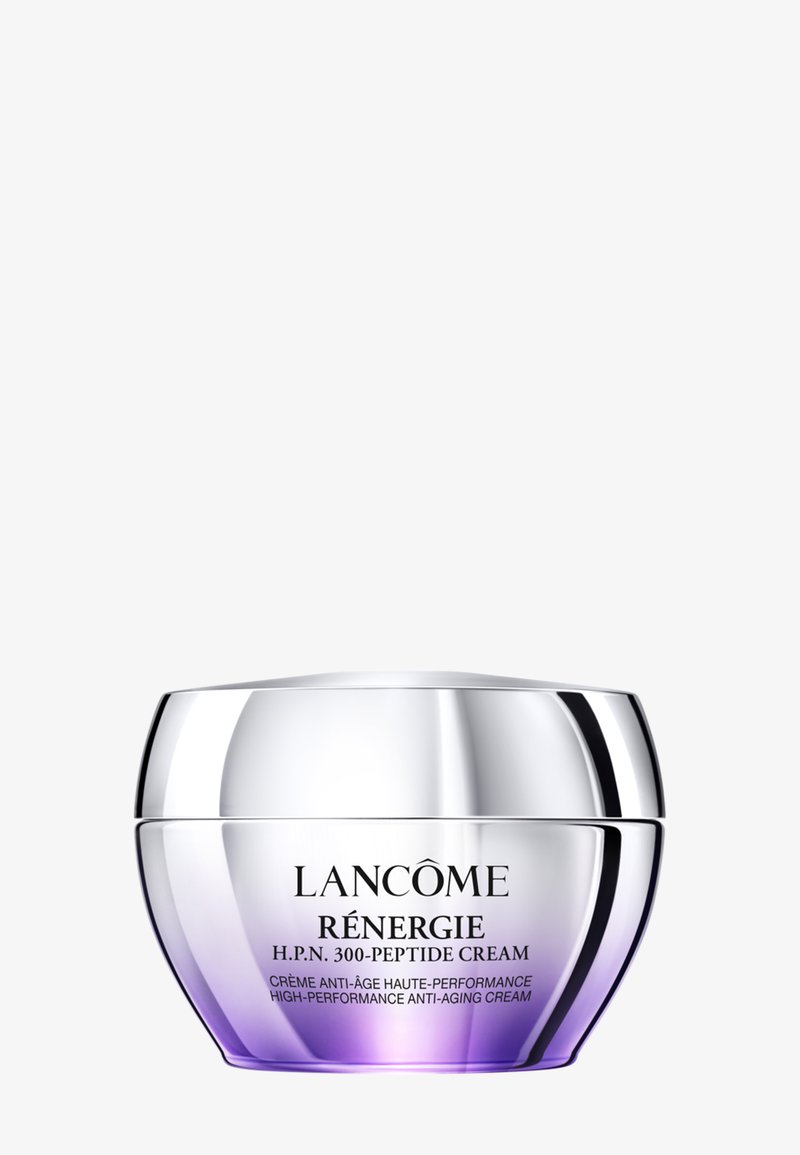 Lancome Rénérgie H.P.N. 300-Peptide Crème in een ronde, transparante pot met een metalen zilveren deksel en een paarse basis met verloop. Tekst op de pot aanwezig.