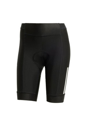 Zwarte fietsbroek met een gepolsterde zitting, gemaakt van rekbare stof. Heeft een strak ontwerp met witte strepen en platte stiksels.
