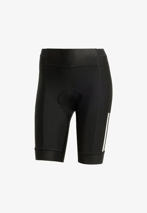 Schwarze Radsportshorts mit gepolsterter Sitzfläche, aus elastischem Material. Sie verfügen über ein elegantes Design mit weißen Streifen und Flachnähtechnik.