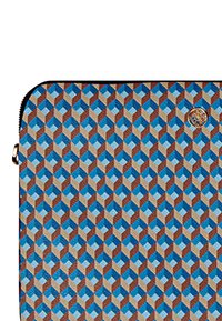 Patterned zippered pouch featuring a geometric design in blue, brown, and beige. Made from textured material with a gold-tone logo accent.