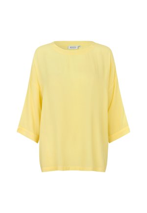 Gelbe Bluse, leichter Stoff, lockere Passform, runder Ausschnitt, Ellbogenlange Ärmel, glatte Textur, keine sichtbaren Muster oder Akzente.