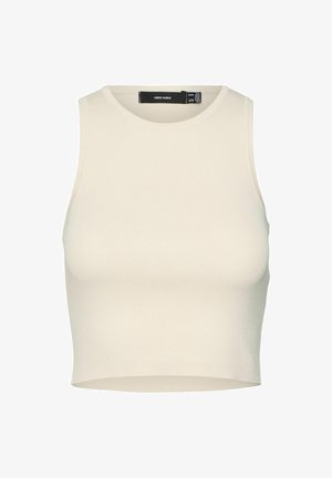 Kremowy, prążkowany top typu crop z okrągłym dekoltem i bezrękawnikowym fasonem, o gładkiej fakturze i prostym kroju.