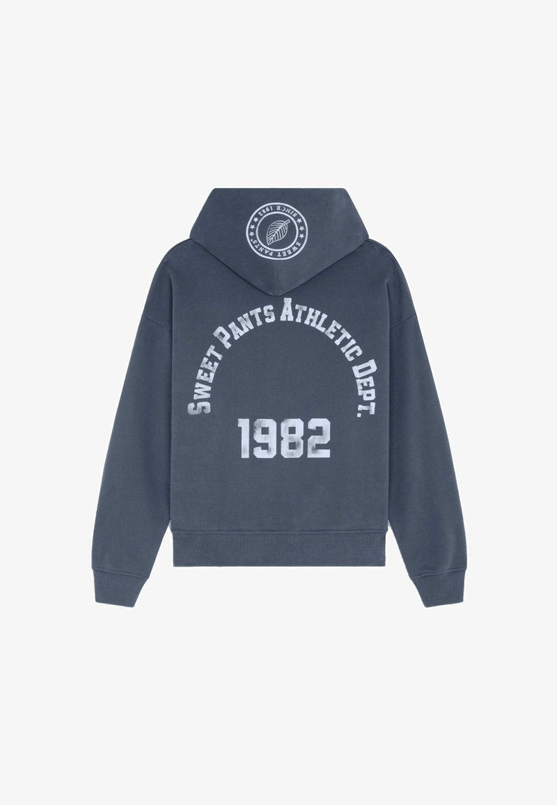 Sweatshirt à capuche gris avec impression du texte "SWEET PANTS ATHLETIC DEPT. 1982" en blanc. Présente un logo arrondi au dos et des poignets côtelés.
