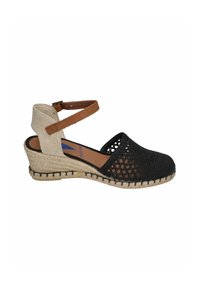 Sandal espadrille tejido negro con tacón beige, correa marrón en el tobillo y suela de yute. Presenta un diseño transpirable y un upper texturizado.