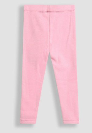 Vaaleanpunaiset legginsit, jotka on valmistettu pehmeästä puuvillasta. Ne ovat sileäpintaiset ja niissä on elastinen vyötärö. Ei kuvioita tai lisäyksityiskohtia.