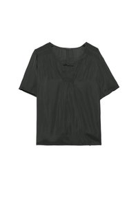 Schwarze Bluse mit kurzen Ärmeln aus leichtem Stoff, V-Ausschnitt und sanften Falten an der Vorderseite; verfügt über strukturierte Schulterakzente.