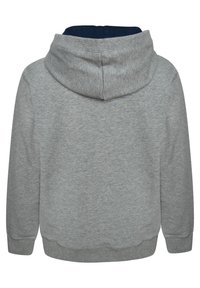 Felpa grigia con cappuccio regolabile e fodera blu navy. Presenta maniche lunghe e polsini a costine. Il tessuto sembra morbido con una leggera texture.