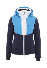 Modrá a námořnicky modrá voděodolná lyžařská bunda s předním zipem, nastavitelnou kapucí a kontrastním bílým panelem. Obsahuje zipové boční kapsy.