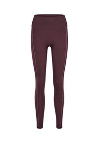 Bordowe legginsy o dopasowanym kroju, z szerokim pasem w talii i kontrastującymi jasnoróżowymi szwami bocznymi. Wykonane z elastycznego materiału dla wygody.