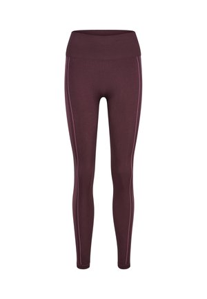 Mörkröda leggings med en åtsittande design, bred midja och kontrasterande ljusrosa sidsömmar. Tillverkade av stretchigt material för komfort.