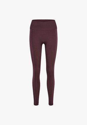 Bordeaux leggings met een nauwsluitend ontwerp, brede tailleband en contrasterende lichtroze zijnaad. Gemaakt van rekbare stof voor comfort.