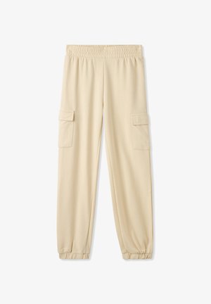 Beżowe spodnie cargo z marszczonym pasem, posiadające dwie kieszenie boczne i elastyczne mankiety przy kostkach. Miękka, teksturowana tkanina.