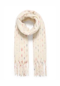 Uld tørklæde i creme med multicolore prikker. Har frynsede kanter og en blød tekstur. Firkantet design til alsidig styling.