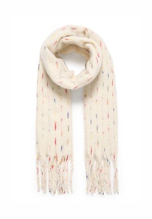 Villa huivi vaaleancremillä väriläiskillä. Sirot reunat ja pehmeä tekstuuri. Suorakulmainen muotoilu monipuoliseen tyyliin.