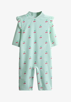 Peto para bebé verde menta con rayas verticales blancas, estampado de cerezas rojas, mangas cortas con volantes y cuello redondo alto.