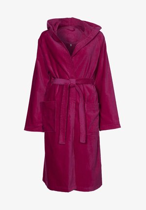 Fuksija kapuljača za kupanje s teksturiranom tkaninom, vezanjem u struku i dva prednja džepa. Ima duge rukave i dizajn do koljena.